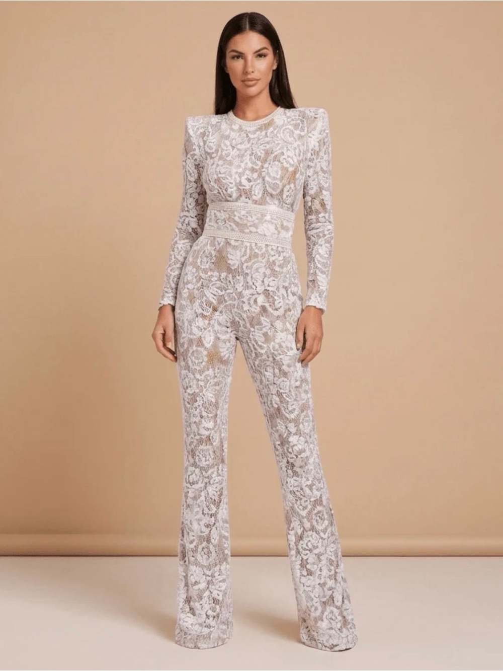 NADINE MERABI White Lace Long-Sleeve Floral Jumpsuit